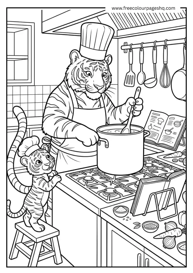 tiger wearing chef hat cooking coloring page