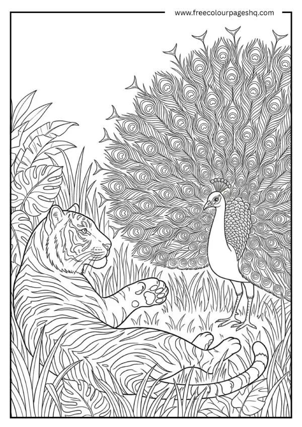 tiger with peacock jungle scene coloring page