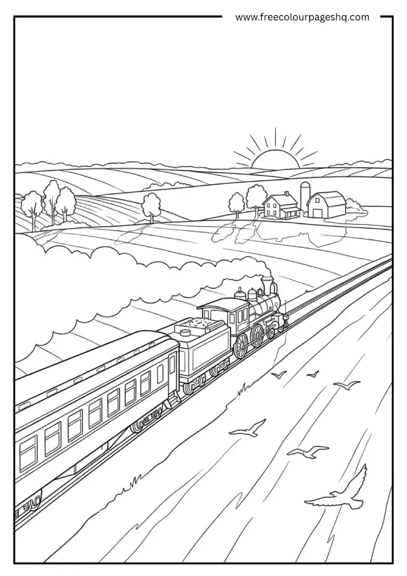 train at sunrise countryside coloring page train at sunrise countryside coloring page