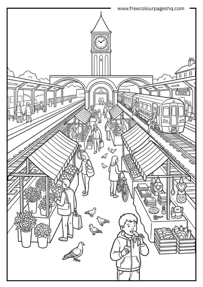 train station market scene coloring page train station market scene coloring page