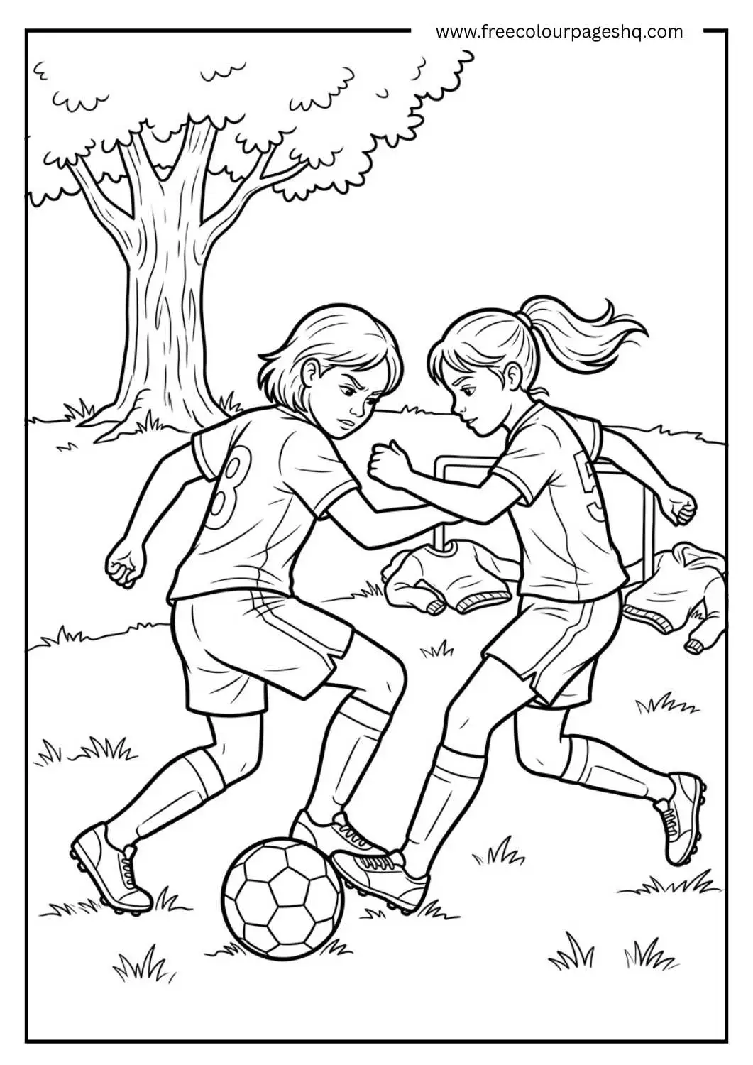 two girls playing soccer coloring page
