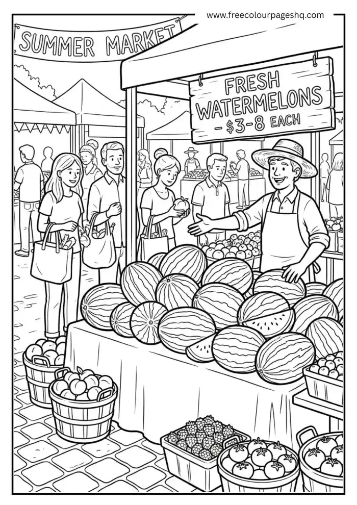 watermelon farmer market coloring page watermelon farmer market coloring page