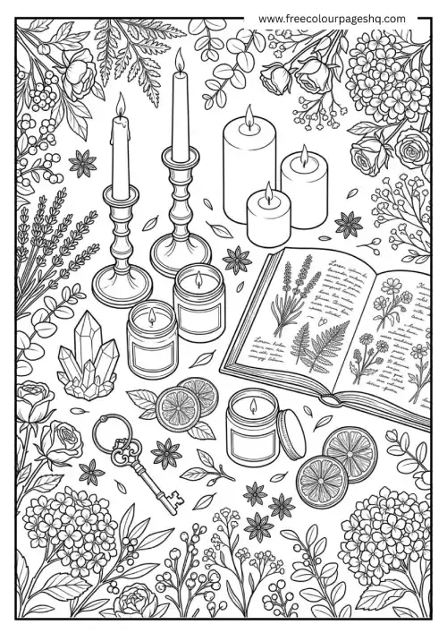 aesthetic coloring pages candles flat lay