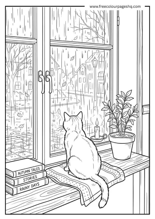 aesthetic coloring pages cat window rain