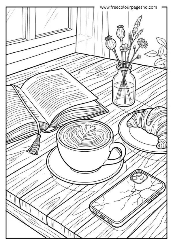 aesthetic coloring pages coffee and book morning