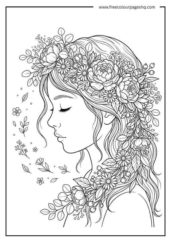 aesthetic coloring pages flower crown girl profile