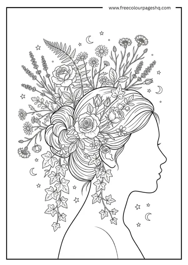 aesthetic coloring pages girl with flowers