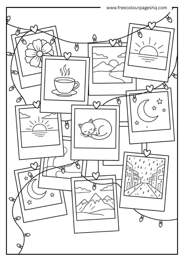 aesthetic coloring pages polaroid photos wall