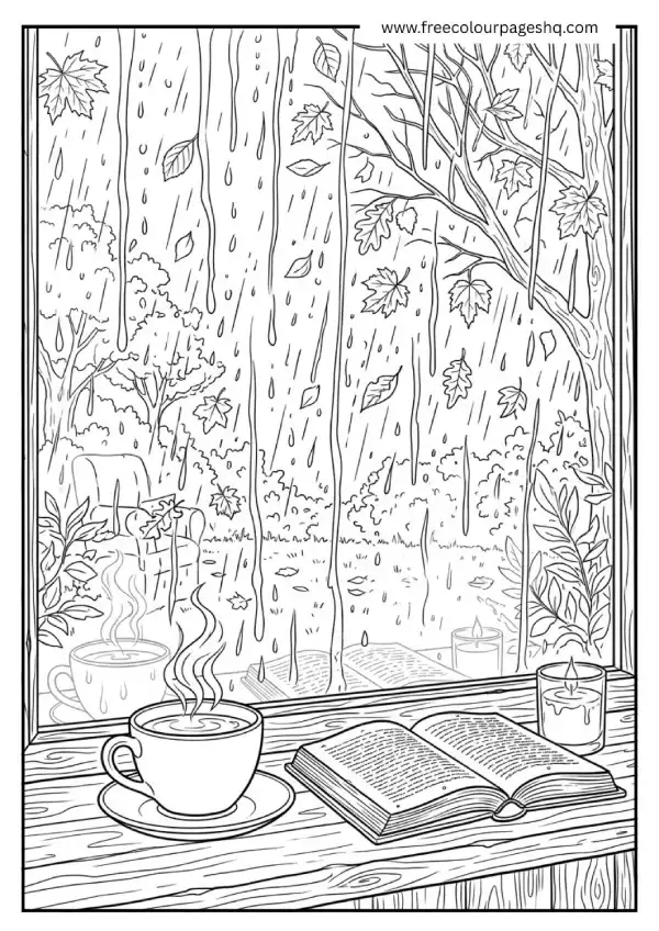 aesthetic coloring pages rain window coffee