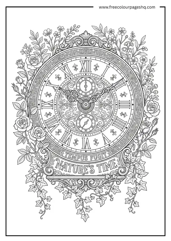 aesthetic coloring pages vintage clock botanical