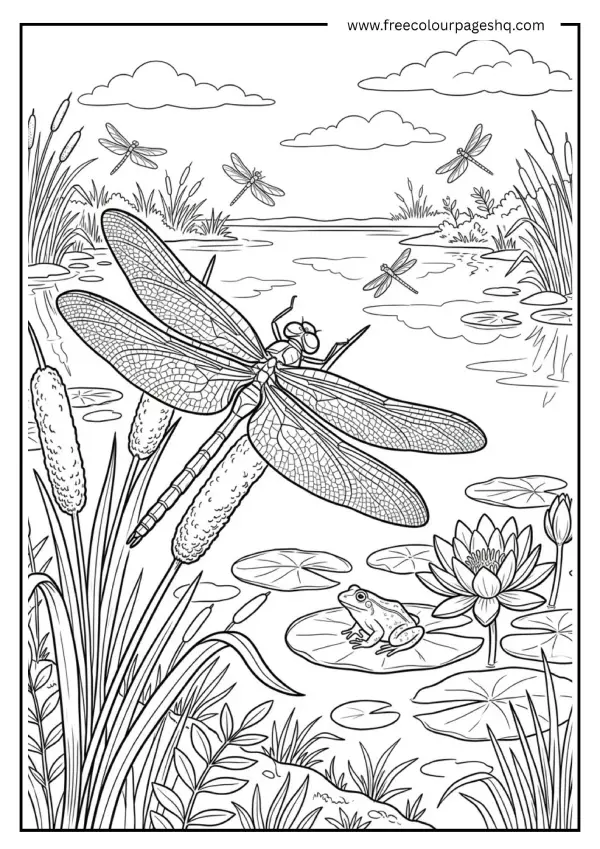 august coloring pages dragonfly pond