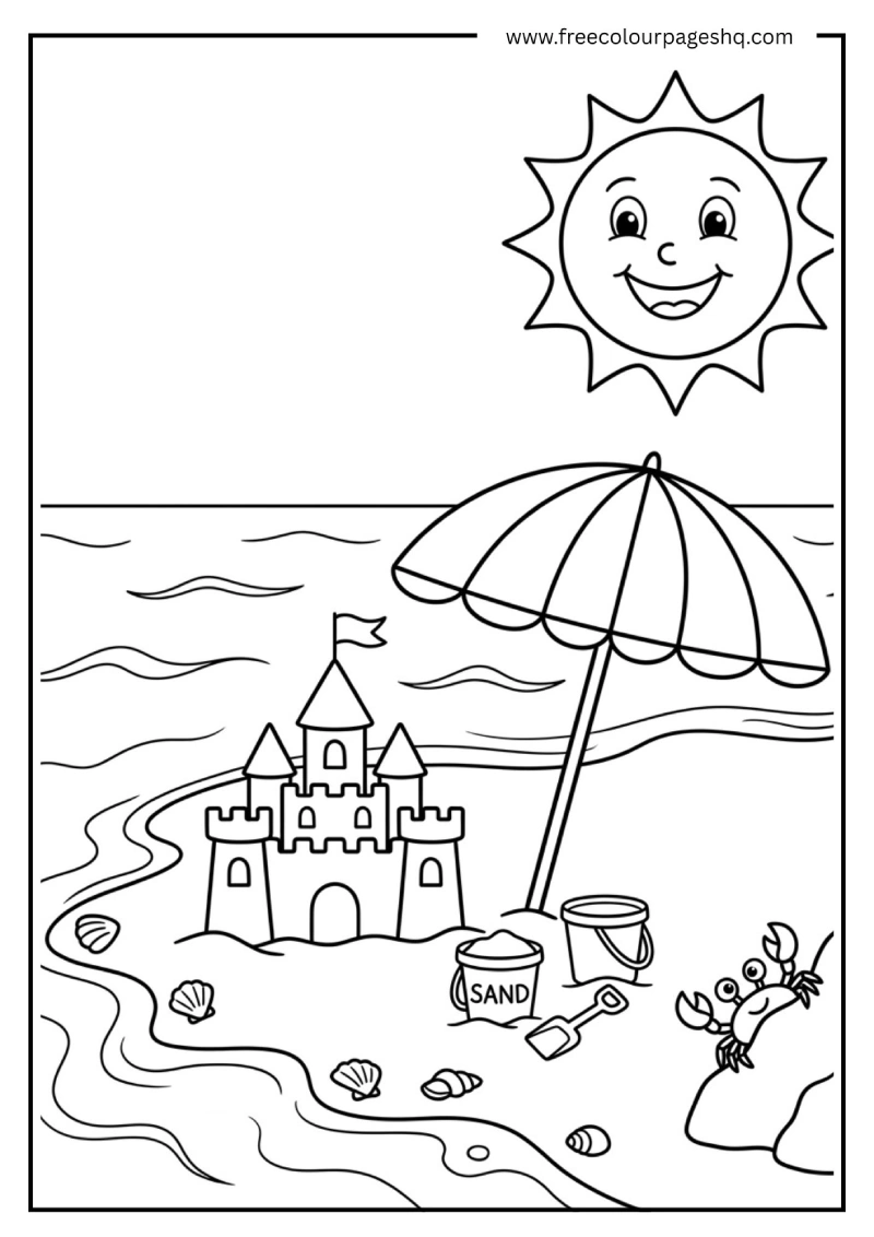 august coloring pages for kids beach summer scene