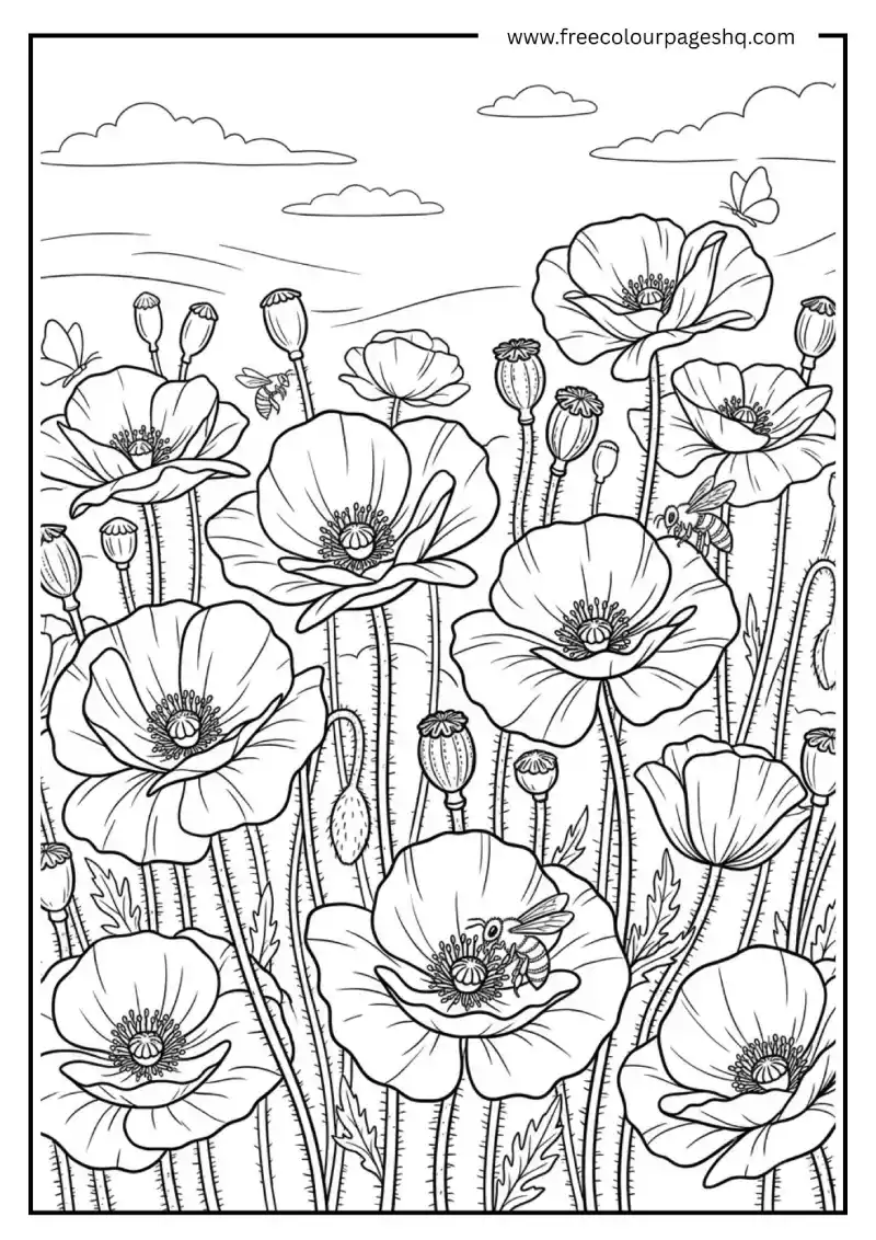 august coloring pages poppy flowers field
