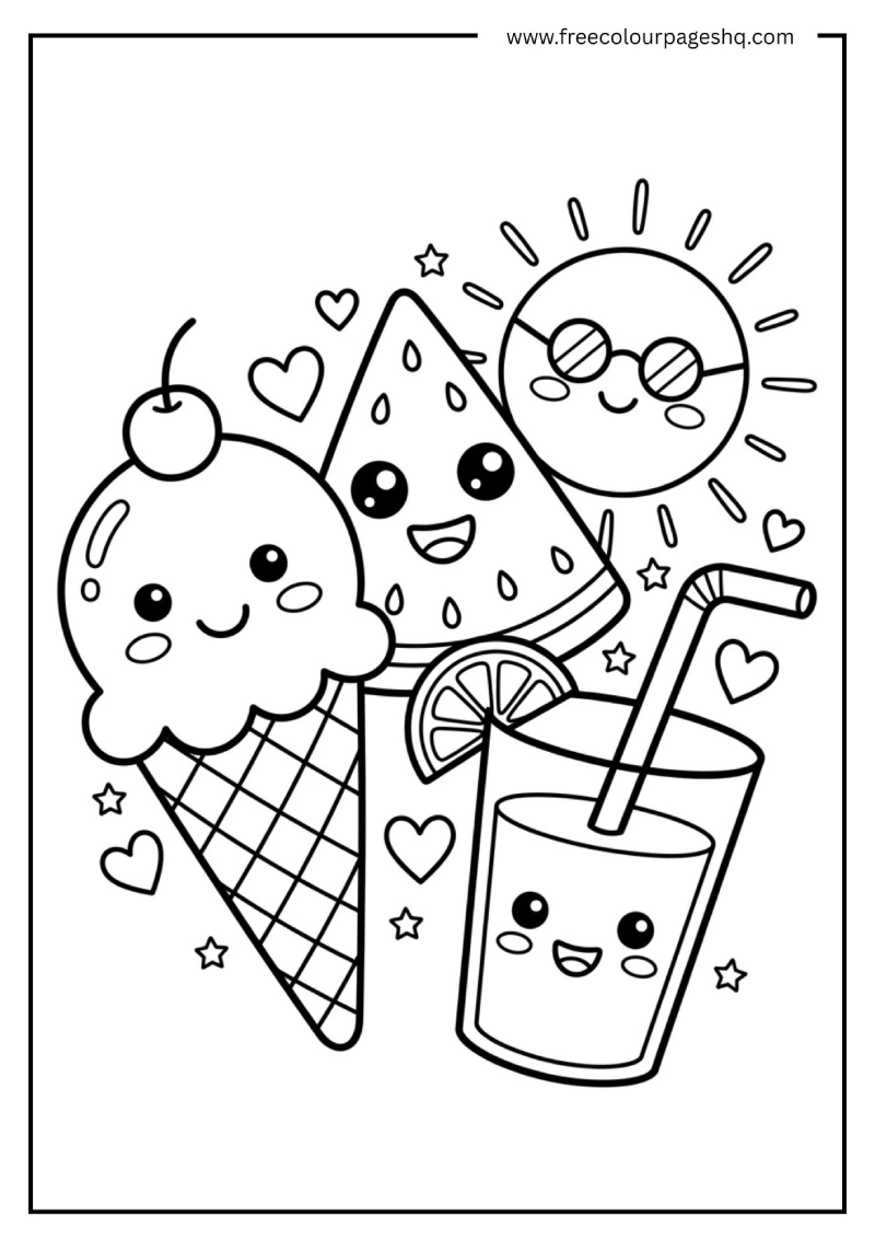 cute august coloring pages kawaii sun ice cream