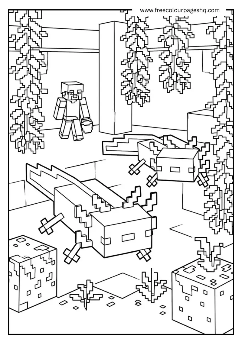 minecraft axolotl underwater cave coloring page