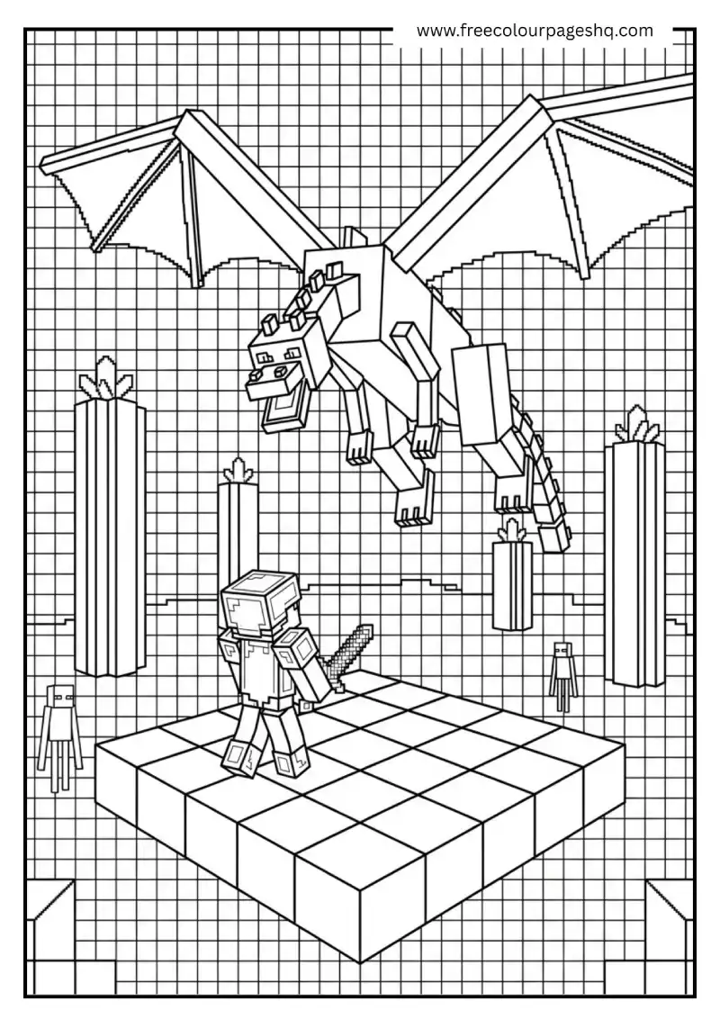 minecraft steve vs ender dragon boss fight coloring page