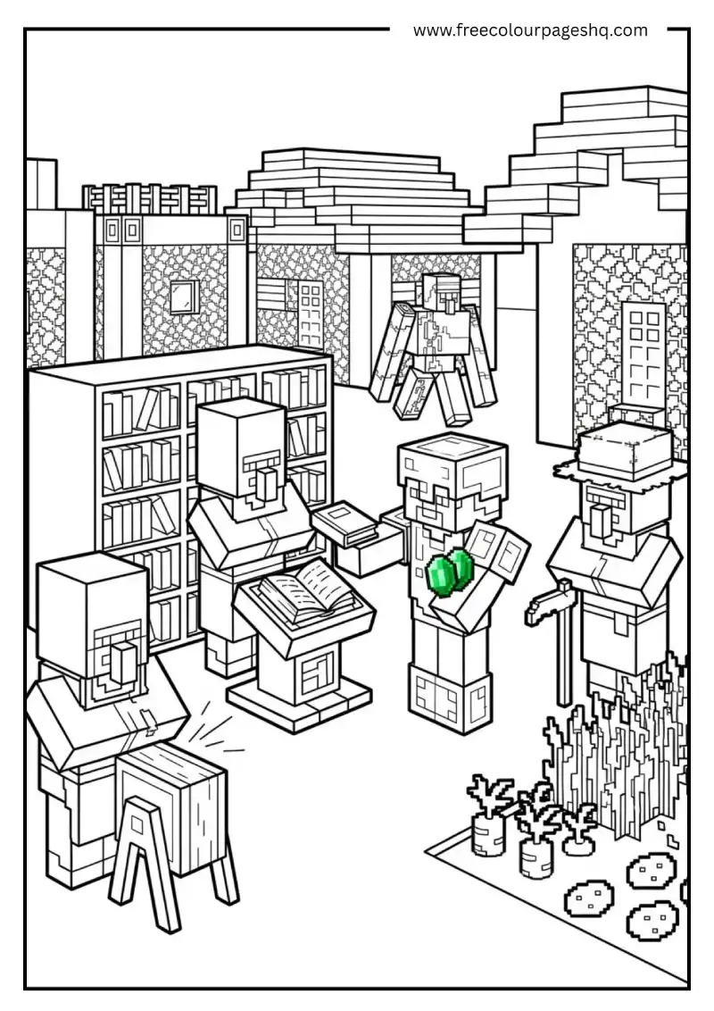 minecraft village trading scene coloring page